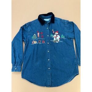 Casey & Max Womens Christmas Denim Shirt Snowman Embroidered Holiday‎ Top Medium